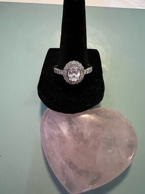 Sale Sterling Silver CZ Oval Halo Ring with Pavé Band